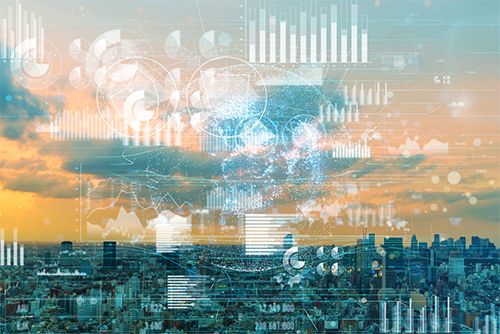 Digital code overlayed a cityscape