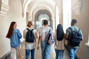 Student walking down corridor
