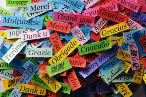 Ribbons with different languages on them